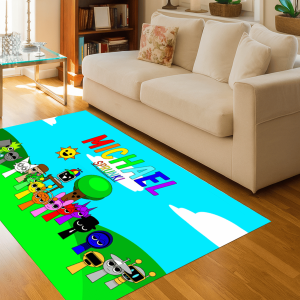 custom sprunki rug on the floor next to the beige couch